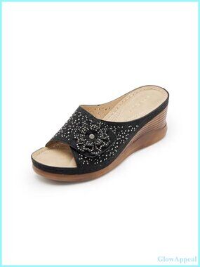 Rhinestone Wedge Sandals Open Toe Slip On Platform Women
